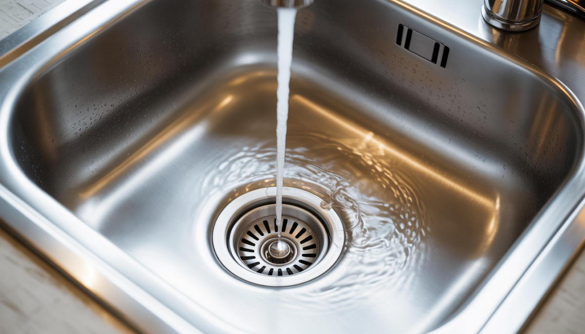 A close-up of a kitchen sink with a drain strainer catching food particles.