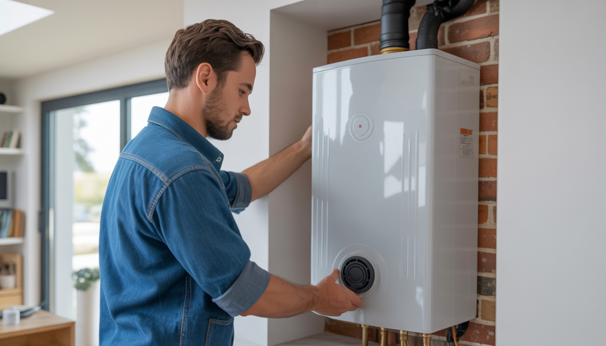 A technician installing an electric tankless hot water tank in a home, demonstrating professional expertise.