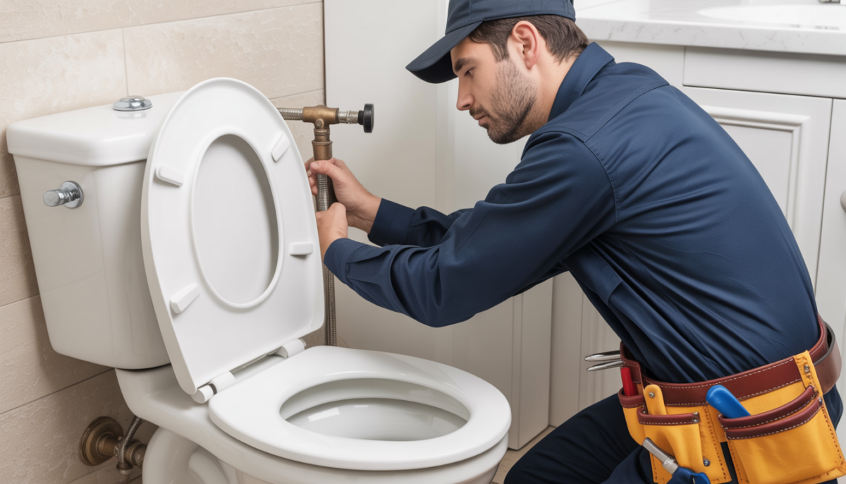 A professional plumber inspecting a toilet tank in a modern bathroom, showcasing expertise and reliability.