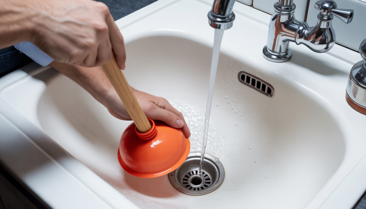 Hands using a plunger in a kitchen sink to unclog it.