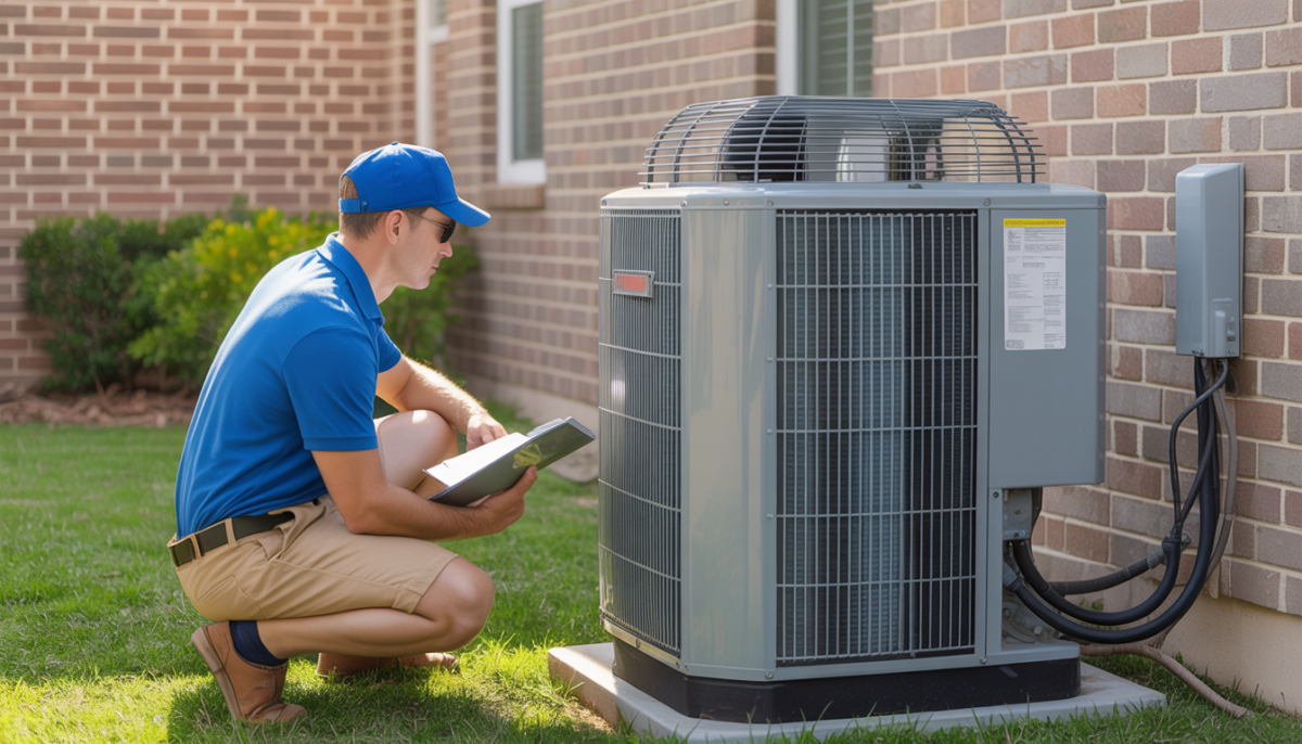 HVAC technician inspecting an outdoor central AC unit in a sunny suburban Texas setting.