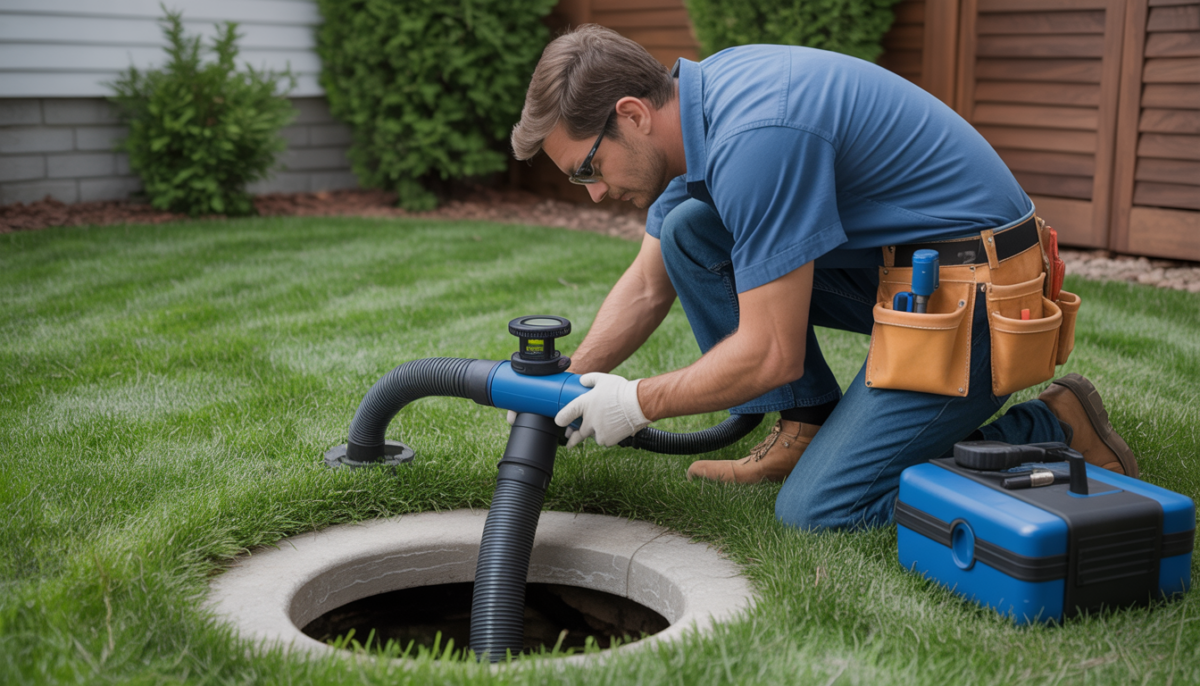 A plumbing technician using advanced equipment to inspect a sewer line in a residential backyard.