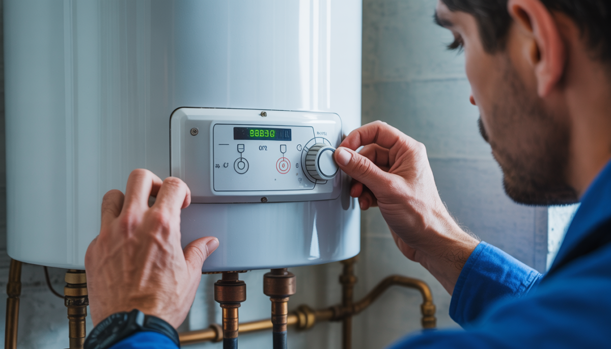 Technician adjusting a water heater control panel, showcasing maintenance precision.