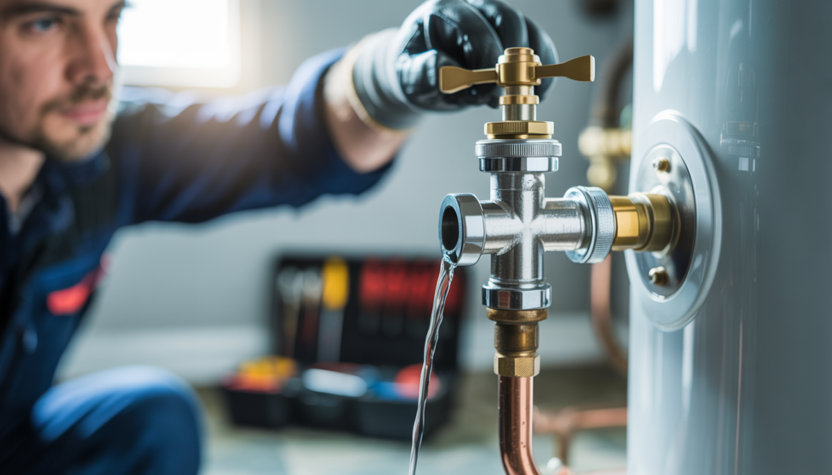 Technician testing a water heater's pressure relief valve for maintenance.