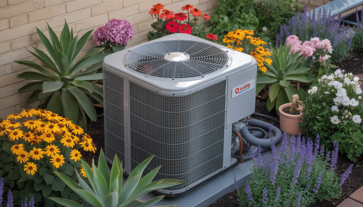 Central HVAC unit amidst flowers, representing eco-friendly and efficient service.