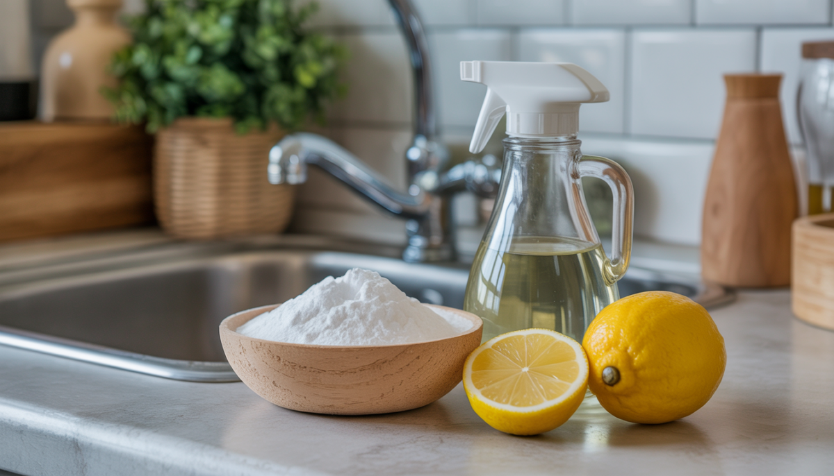Natural cleaning ingredients for unclogging drains, emphasizing eco-friendly solutions.