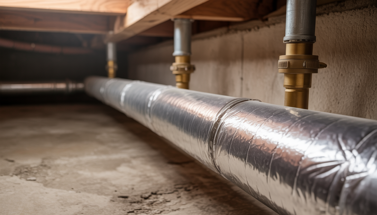 Close-up of insulated pipe in a basement.