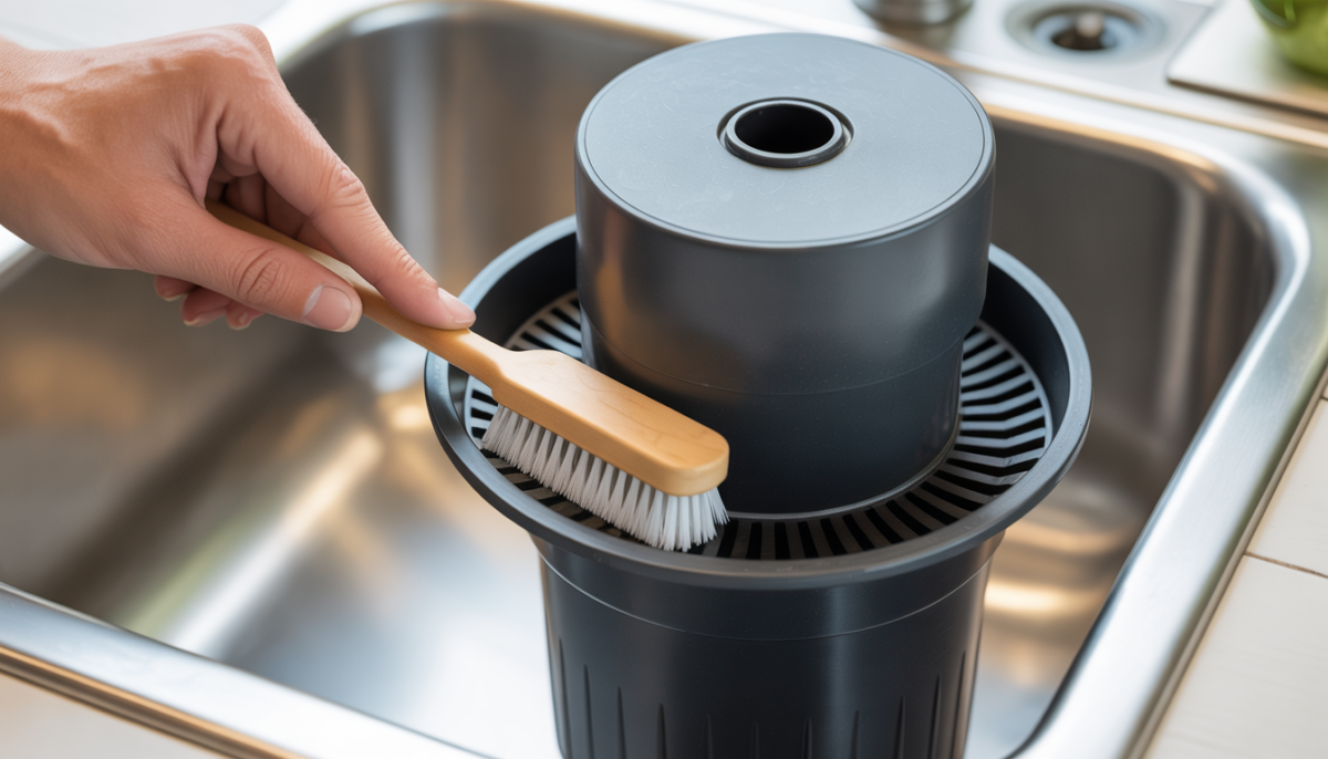 Hand cleaning a garbage disposal's rubber splash guard with a brush under a kitchen sink.