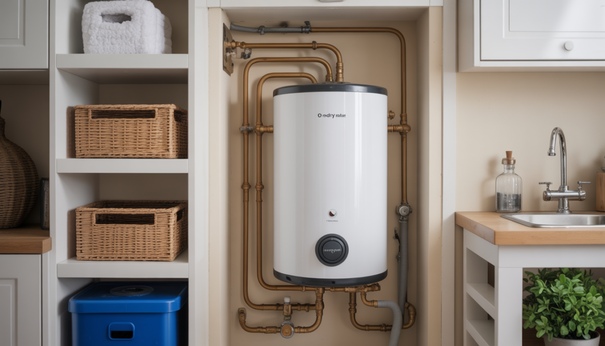 An on-demand water heater in a compact utility room, emphasizing its space-saving design.