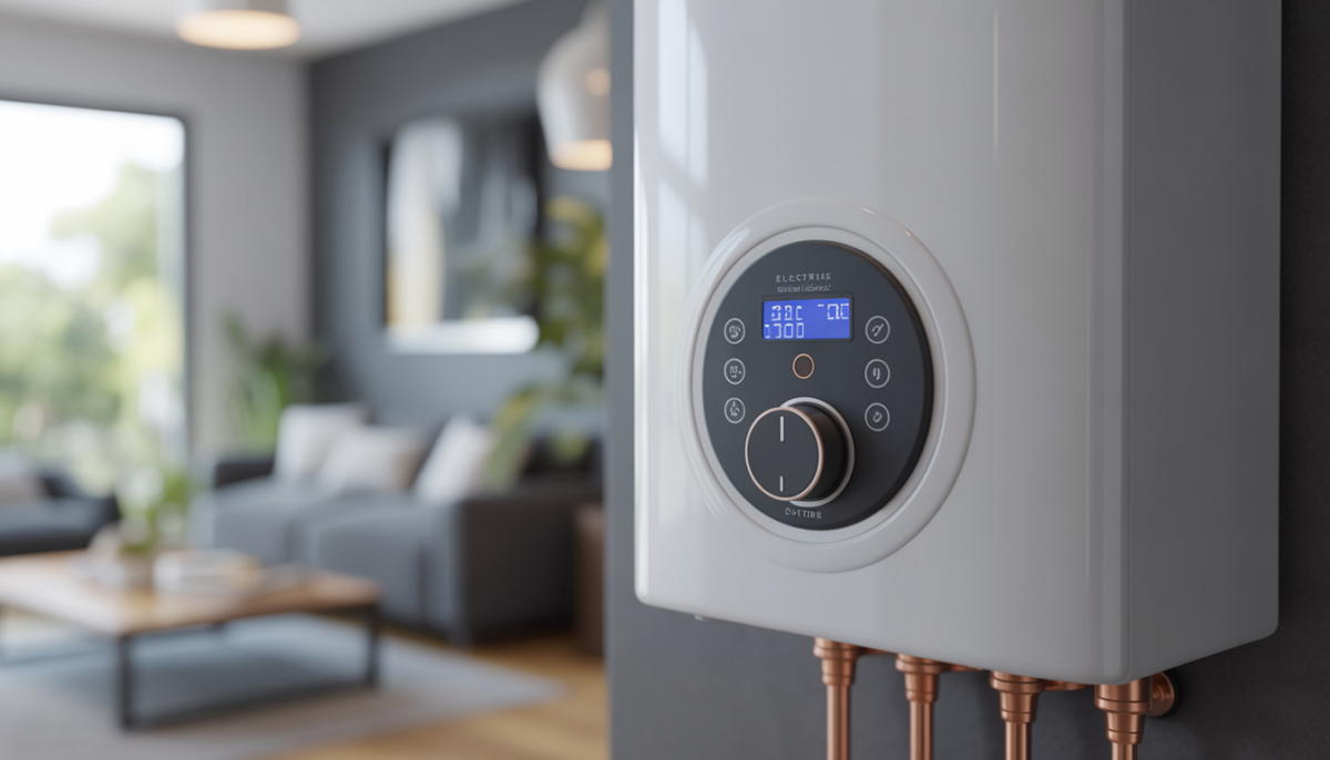 Close-up of an electric tankless hot water heater's control panel in a modern home interior.