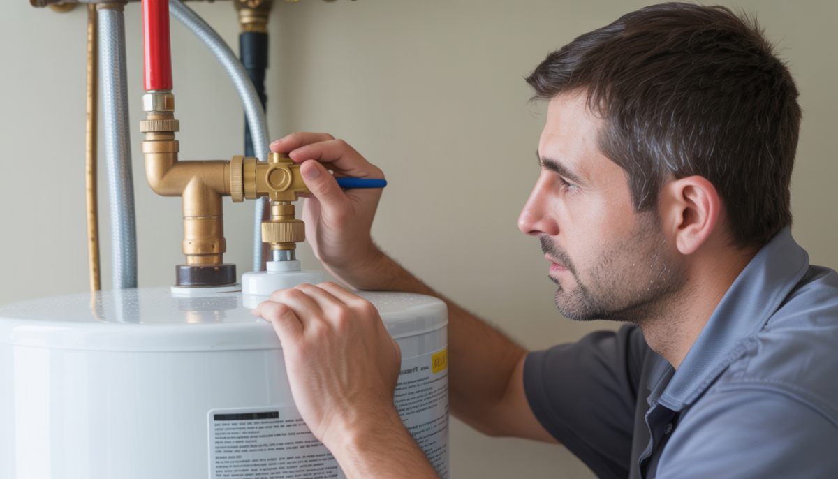 An HVAC technician examining a water heater's pressure relief valve in a home setting.