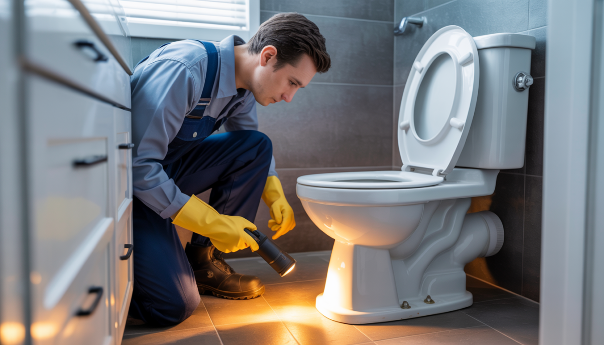 A plumber inspecting a toilet base for leaks in a modern bathroom.