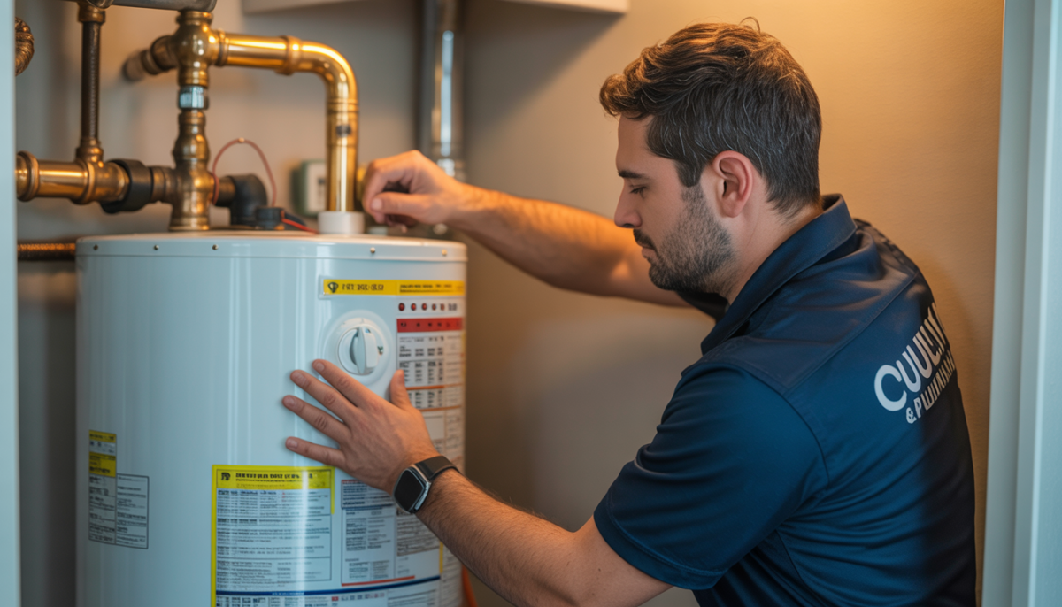 A technician performing maintenance on a water heater, adjusting temperature and pressure settings.