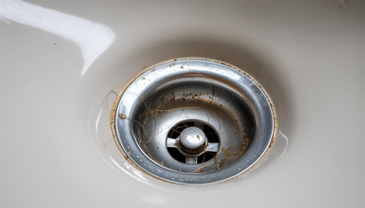 Close-up view of a bathroom sink drain clogged with hair and soap scum.