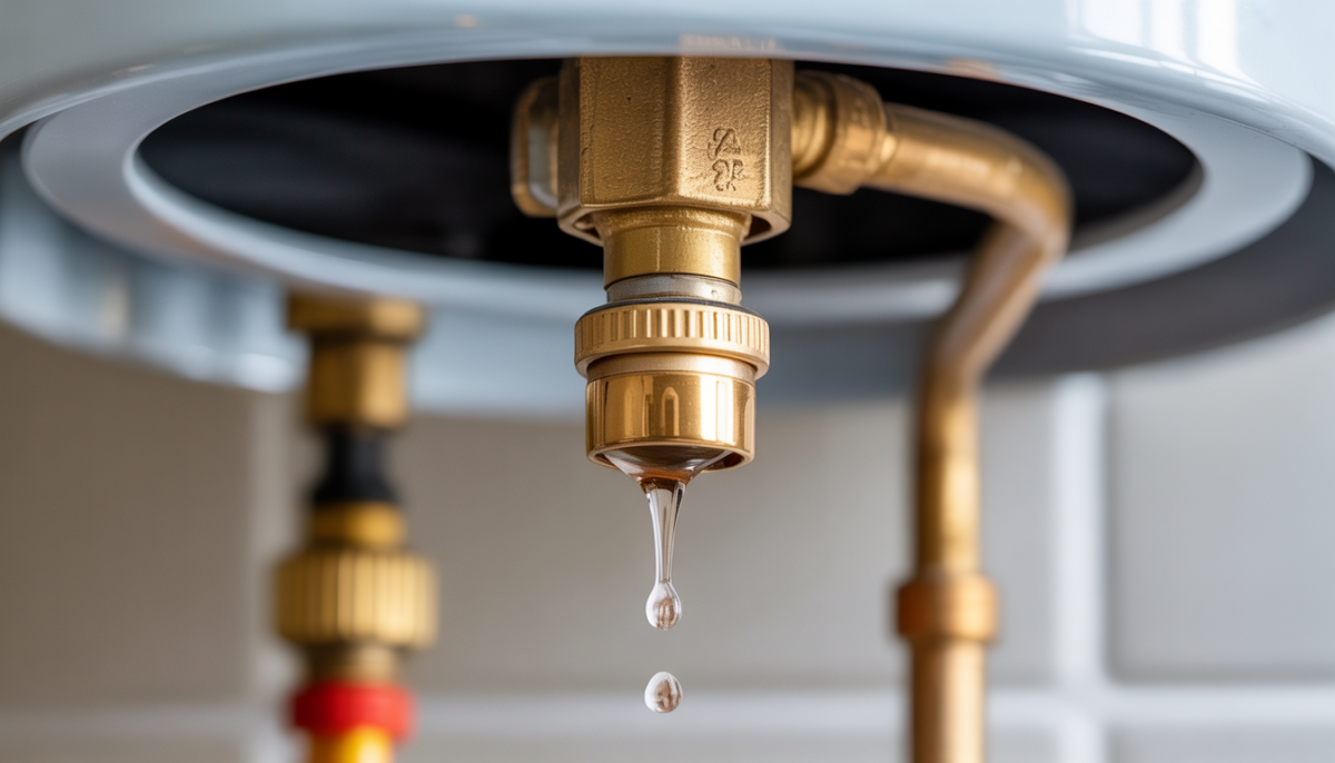 Close-up view of a water heater's pressure relief valve with a drip, highlighting a potential leak source.