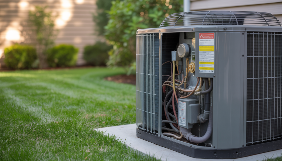 Close-up of a central air conditioning unit with internal components exposed.