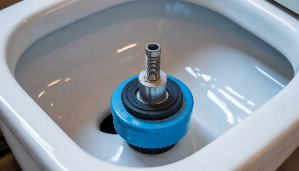 Close-up of a toilet tank with a new flapper valve installed.