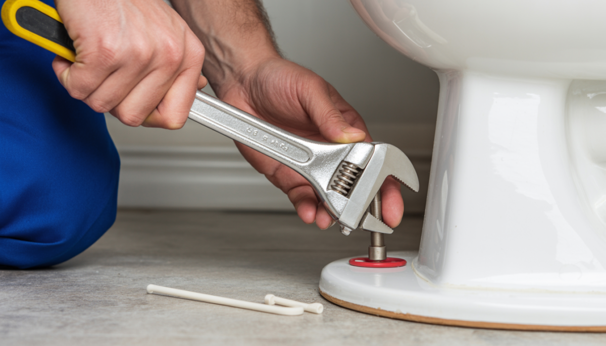 Hands using a wrench to replace a toilet wax ring.