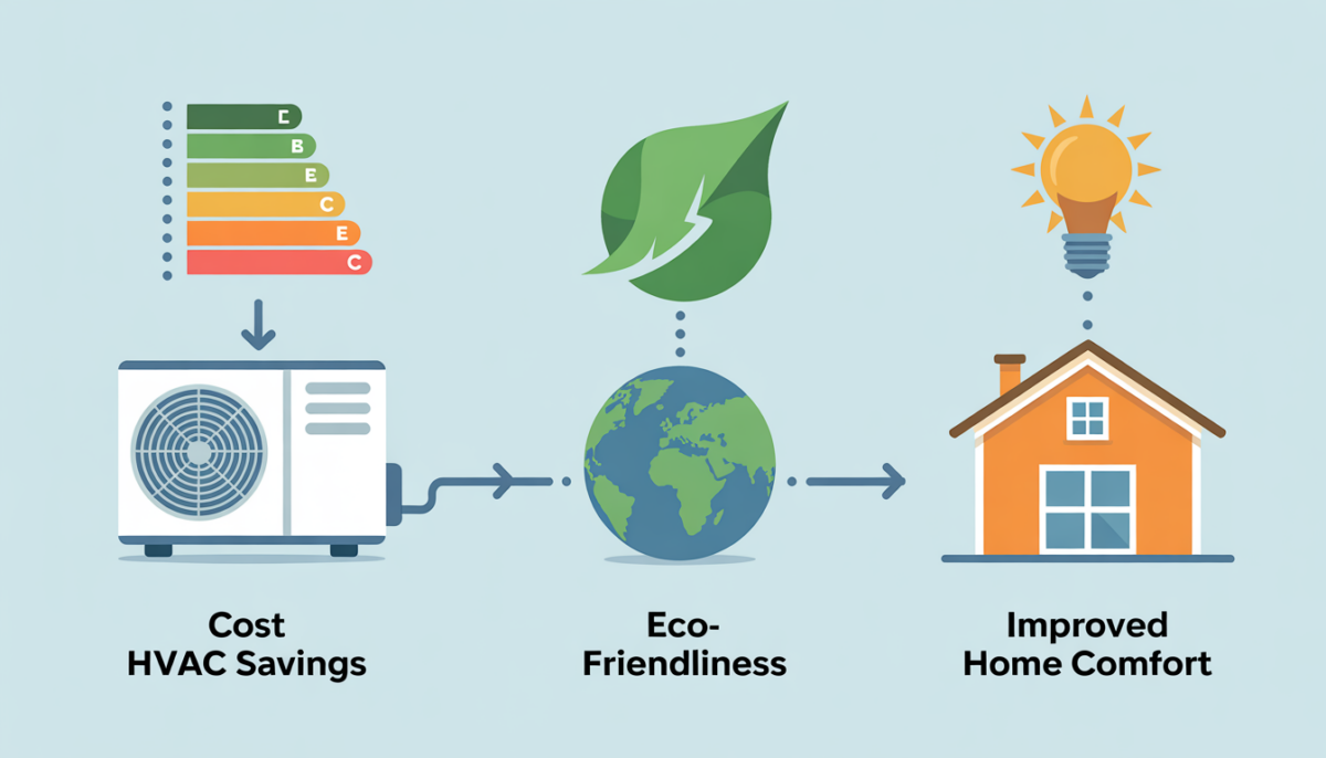 Infographic showing benefits of energy-efficient HVAC systems with icons for cost savings and eco-friendliness.