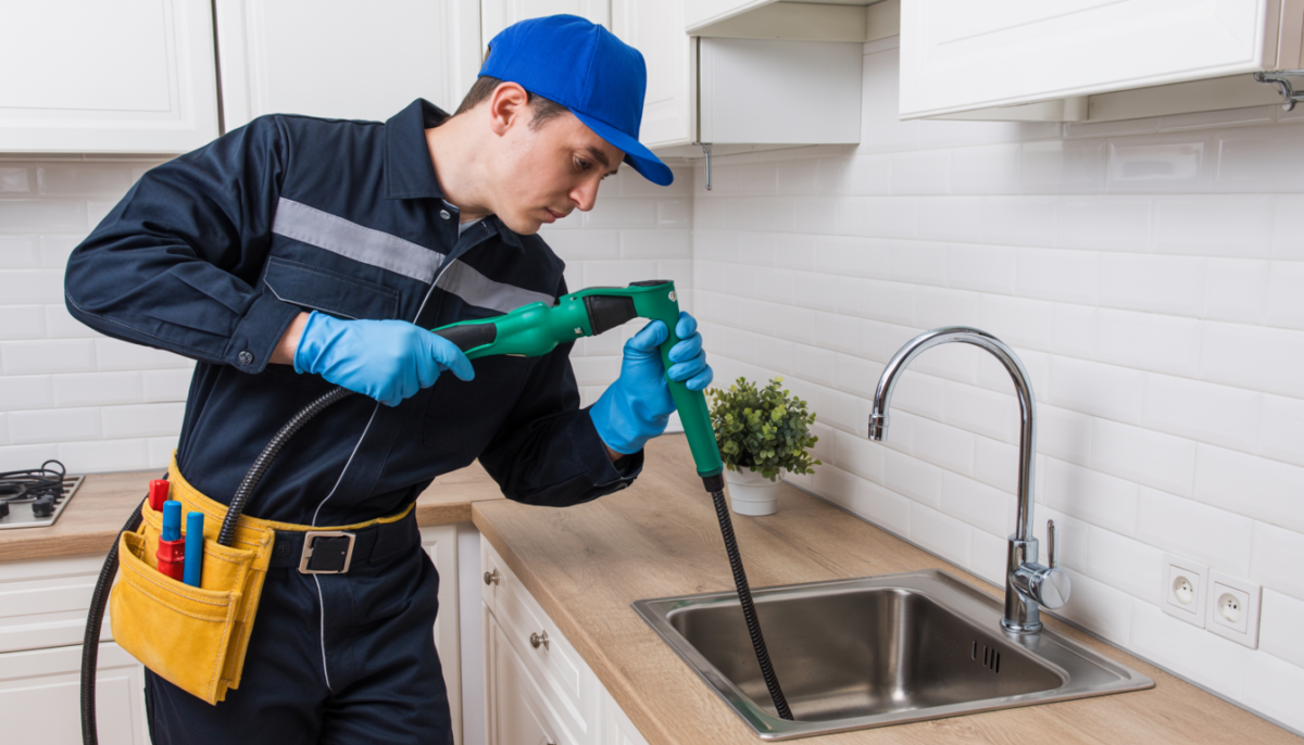 A plumber using a plumbing snake to clear a drain in a modern kitchen.