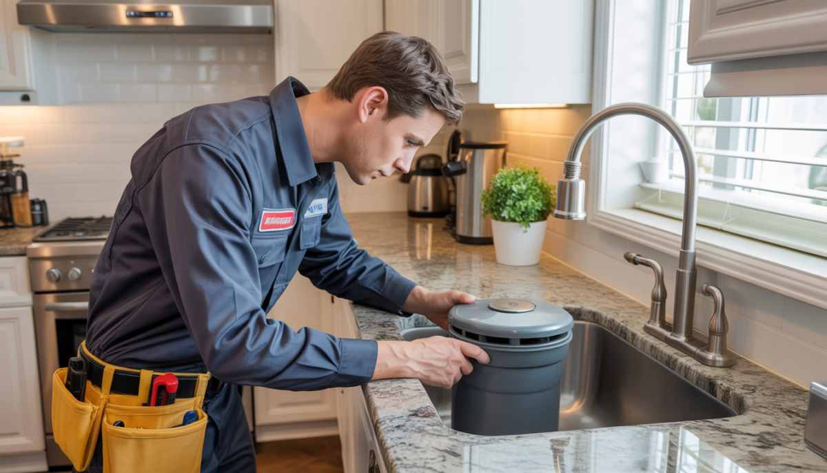 An HVAC technician inspecting a garbage disposal unit under a kitchen sink in a modern kitchen.