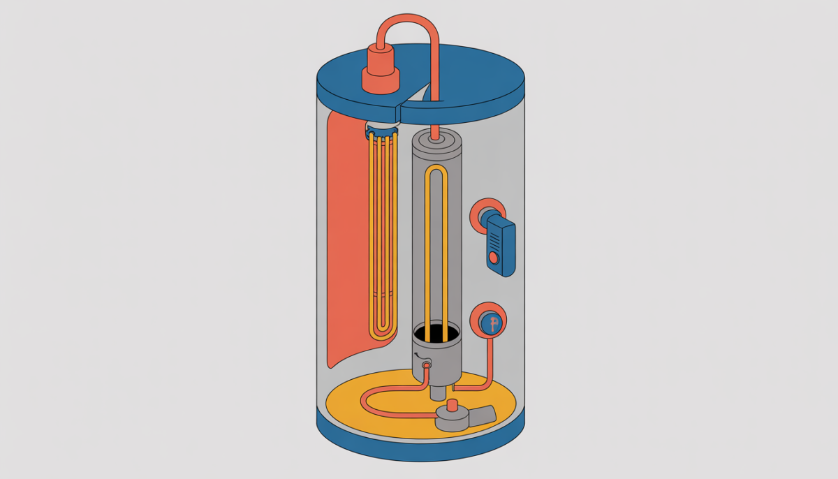 Cutaway illustration of a water heater, displaying internal components such as the tank and thermostat for educational purposes.