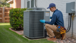 A technician working on an outdoor central air conditioning unit in a suburban backyard, showcasing professional HVAC maintenance.