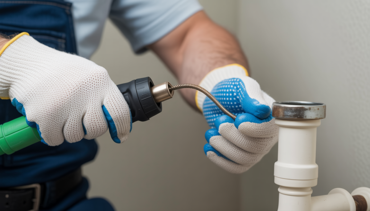Close-up of gloved hands using a drain snake tool, demonstrating drain cleaning.