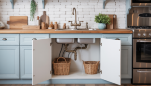 Open cabinet doors under a kitchen sink with a dripping faucet in a Texan home.