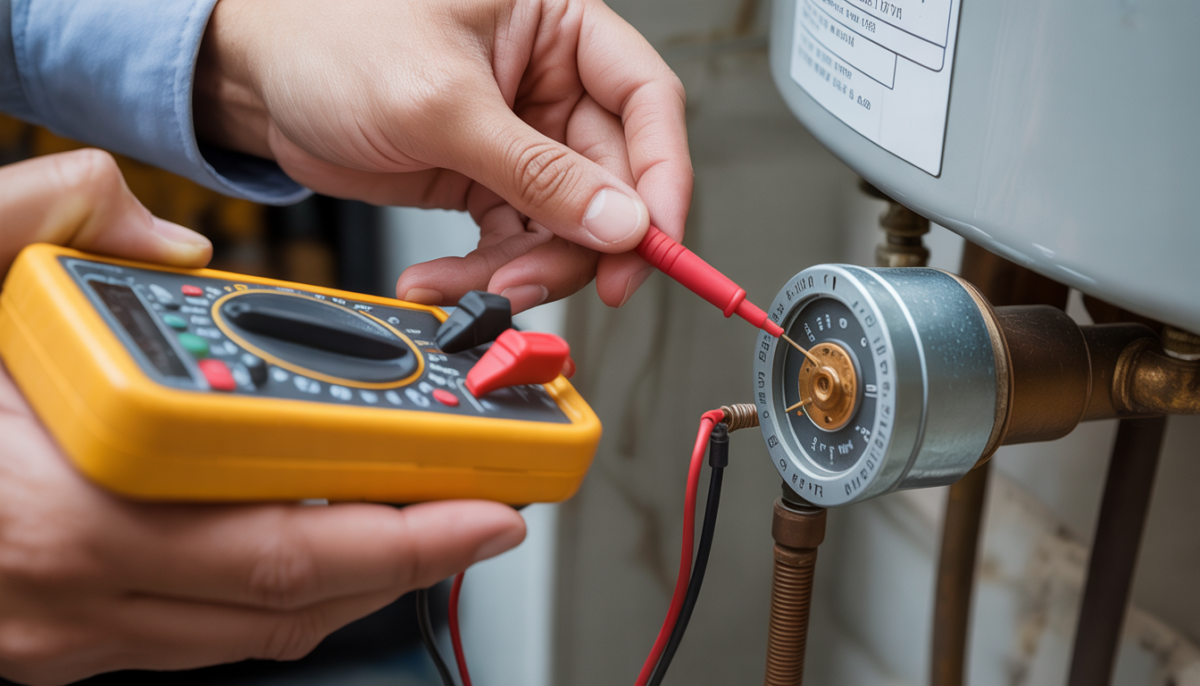Hands using a multimeter to test a water heater element, demonstrating troubleshooting expertise.