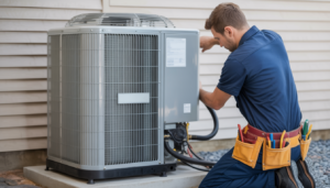 Technician performing maintenance on a central air conditioning unit.