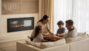 Family relaxing indoors with an HVAC system visible in the background for a cozy home.