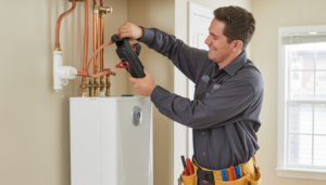 An HVAC technician installing a tankless water heater in a home, showcasing professional service and expertise.