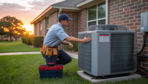 HVAC technician inspecting a central unit outside a Texas home at sunset.