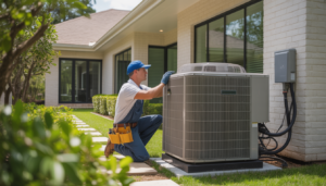An HVAC technician servicing a central unit outside a Texas home with greenery and a sunny sky.