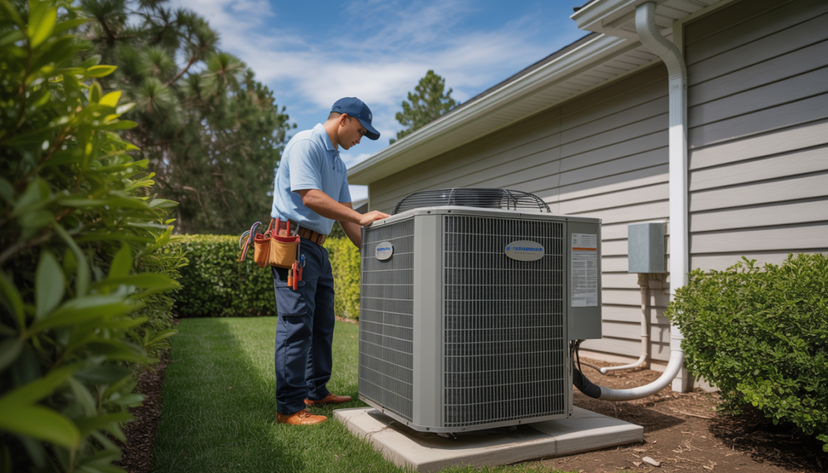 HVAC technician inspecting an outdoor air conditioning unit at a suburban home.