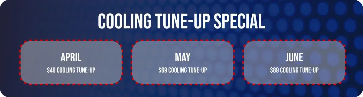 Cooling Tune-Up Special: April: $49 Cooling Tune-Up. May: $69 Cooling Tune-Up. June: $89 Cooling Tune-Up